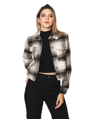 Chamarras Para Mujer Chaqueta Corta Con Estampado De Cuadros De Manga Larga Con Botones Q33101 Negro