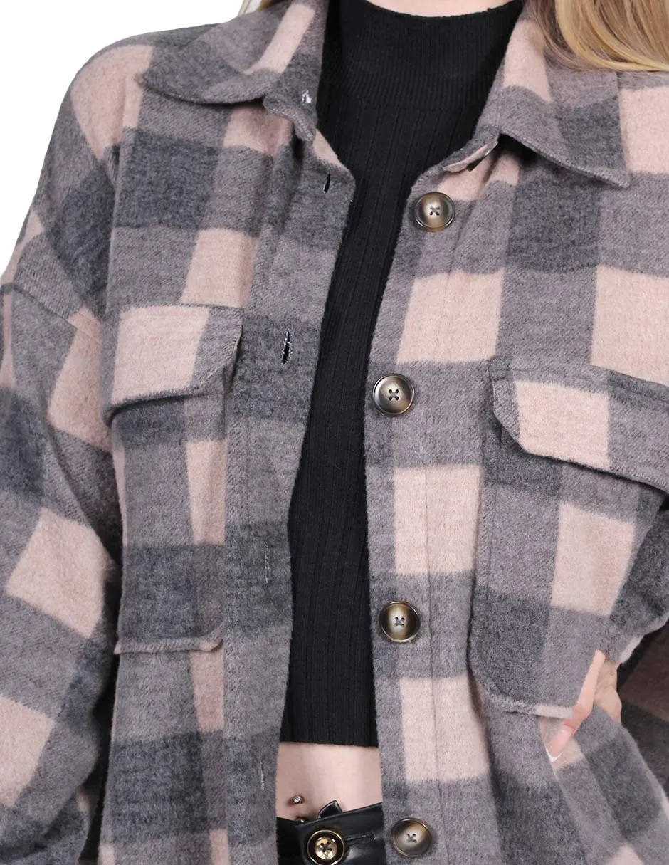 Chaquetas Para Mujer Oversize Estampado de Cuadros Con Bolsas Cómodo Beige Q13103
