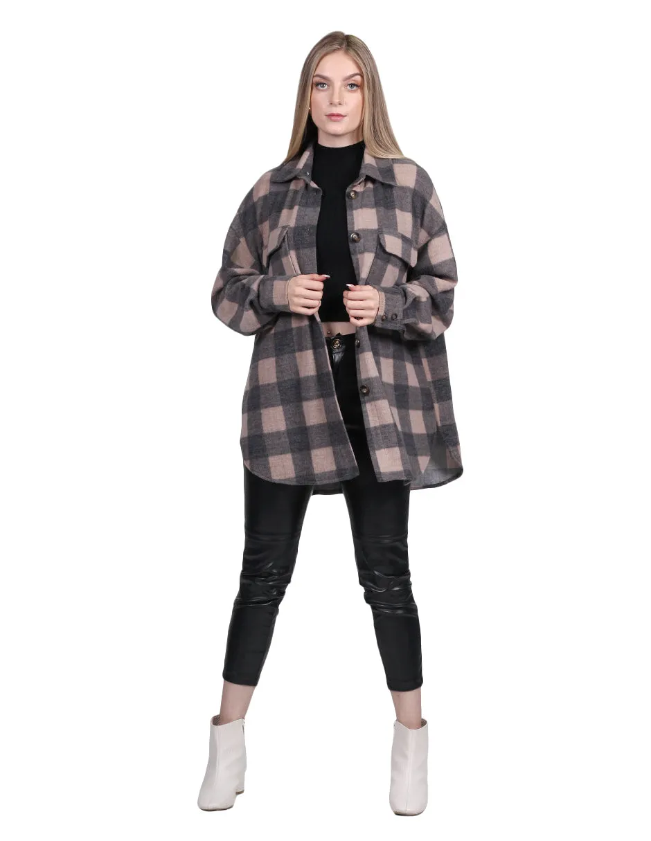 Chaquetas Para Mujer Oversize Estampado de Cuadros Con Bolsas Cómodo Beige Q13103