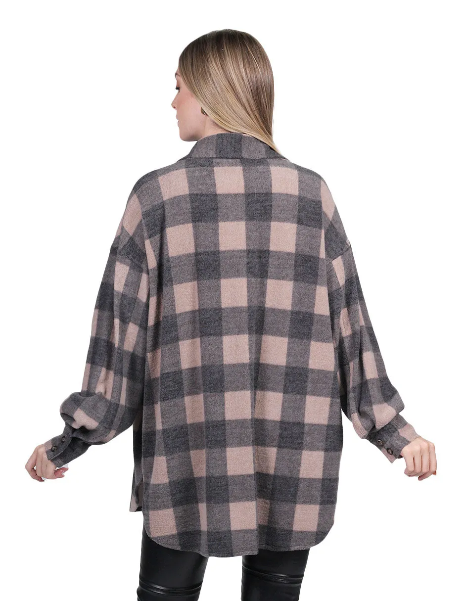 Chaquetas Para Mujer Oversize Estampado de Cuadros Con Bolsas Cómodo Beige Q13103
