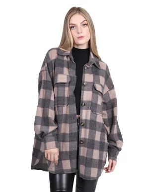 Chaquetas Para Mujer Oversize Estampado de Cuadros Con Bolsas Cómodo Beige Q13103