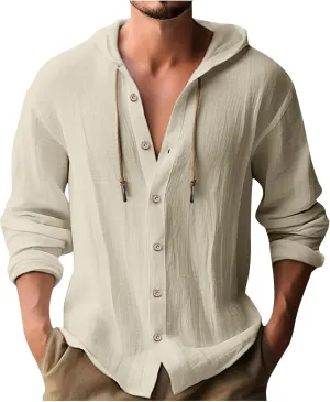 Cotton Linen Hoodie for Men Drawstring Hooded Button Down Beach Hippie Shirt Lightweight Soft Long Sleeve Blouse Tops