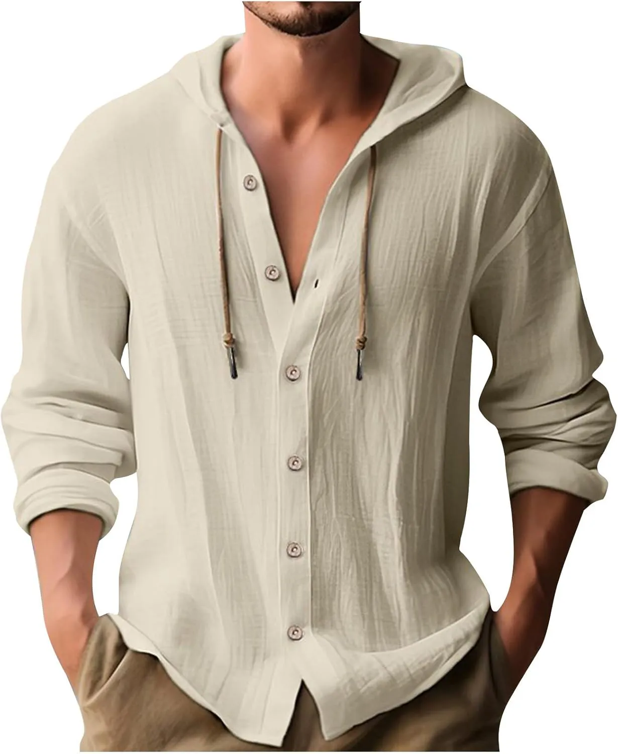 Cotton Linen Hoodie for Men Drawstring Hooded Button Down Beach Hippie Shirt Lightweight Soft Long Sleeve Blouse Tops