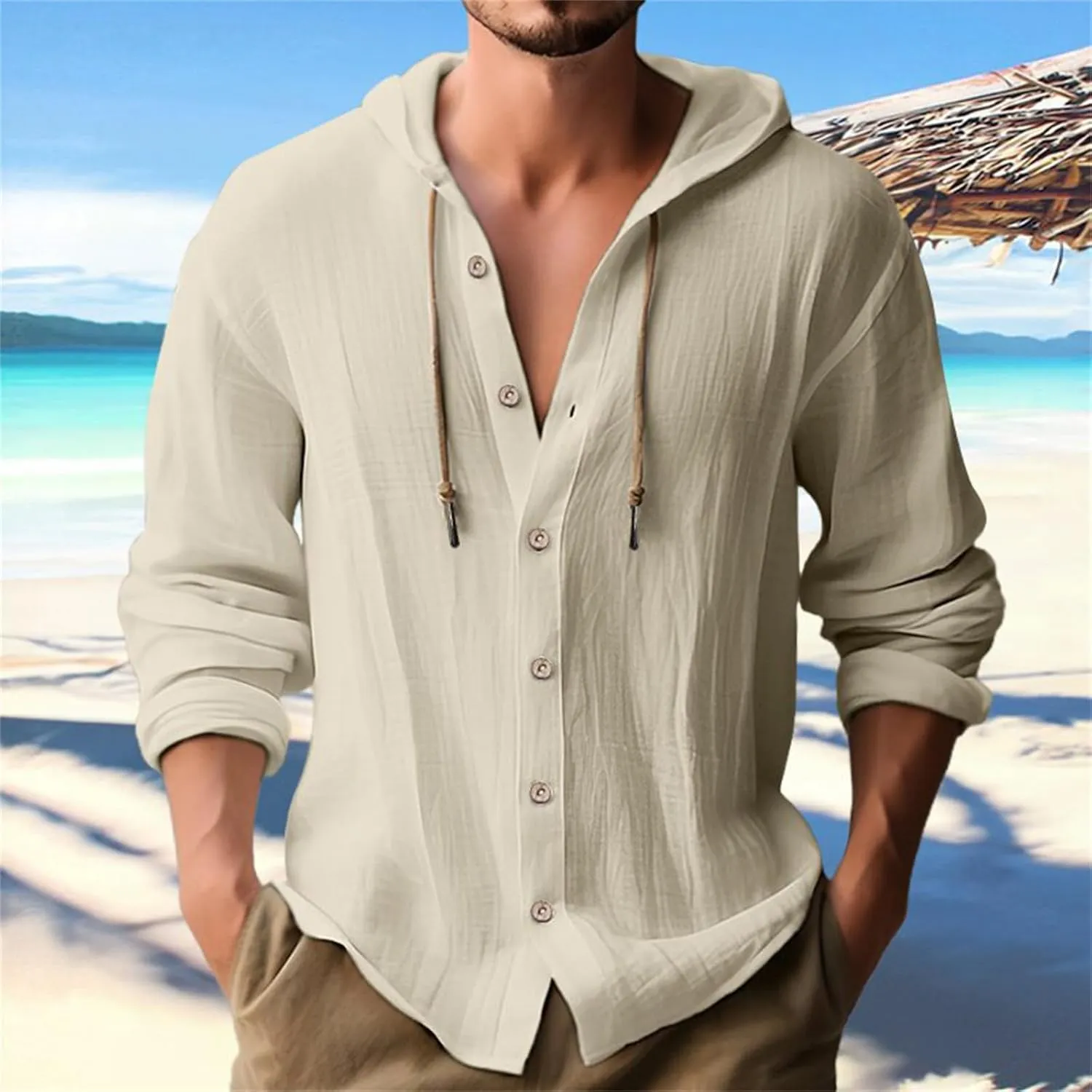 Cotton Linen Hoodie for Men Drawstring Hooded Button Down Beach Hippie Shirt Lightweight Soft Long Sleeve Blouse Tops