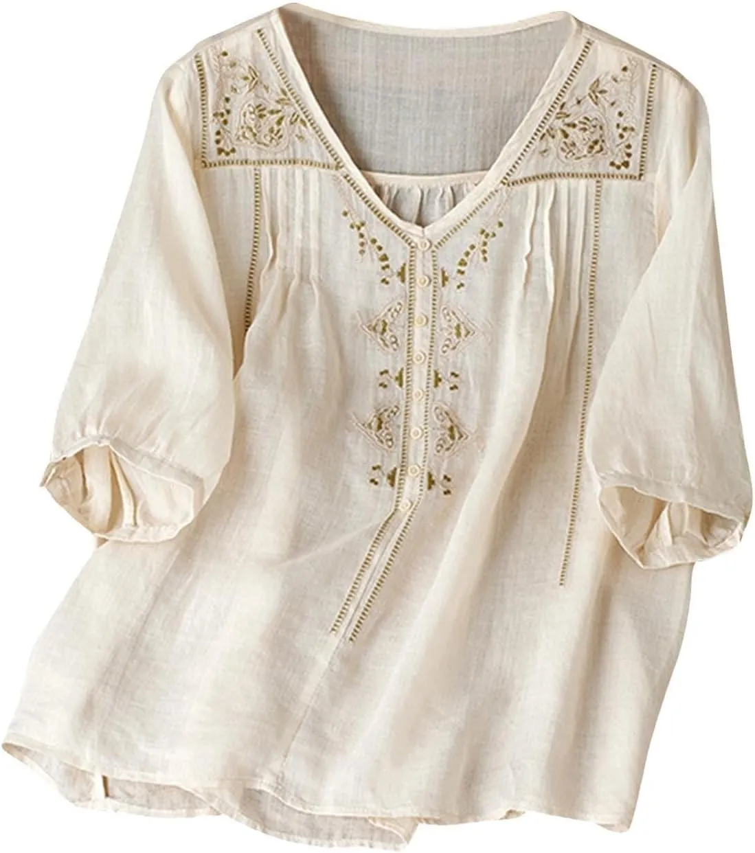 Cotton Linen Shirts for Women Summer Floral Embroidered 3/4 Sleeve Flowy Gauze Blouses Dressy Casual Boho Tops