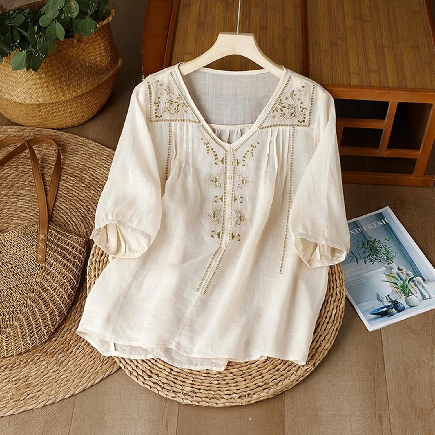 Cotton Linen Shirts for Women Summer Floral Embroidered 3/4 Sleeve Flowy Gauze Blouses Dressy Casual Boho Tops