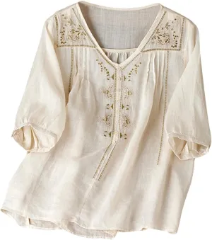 Cotton Linen Shirts for Women Summer Floral Embroidered 3/4 Sleeve Flowy Gauze Blouses Dressy Casual Boho Tops