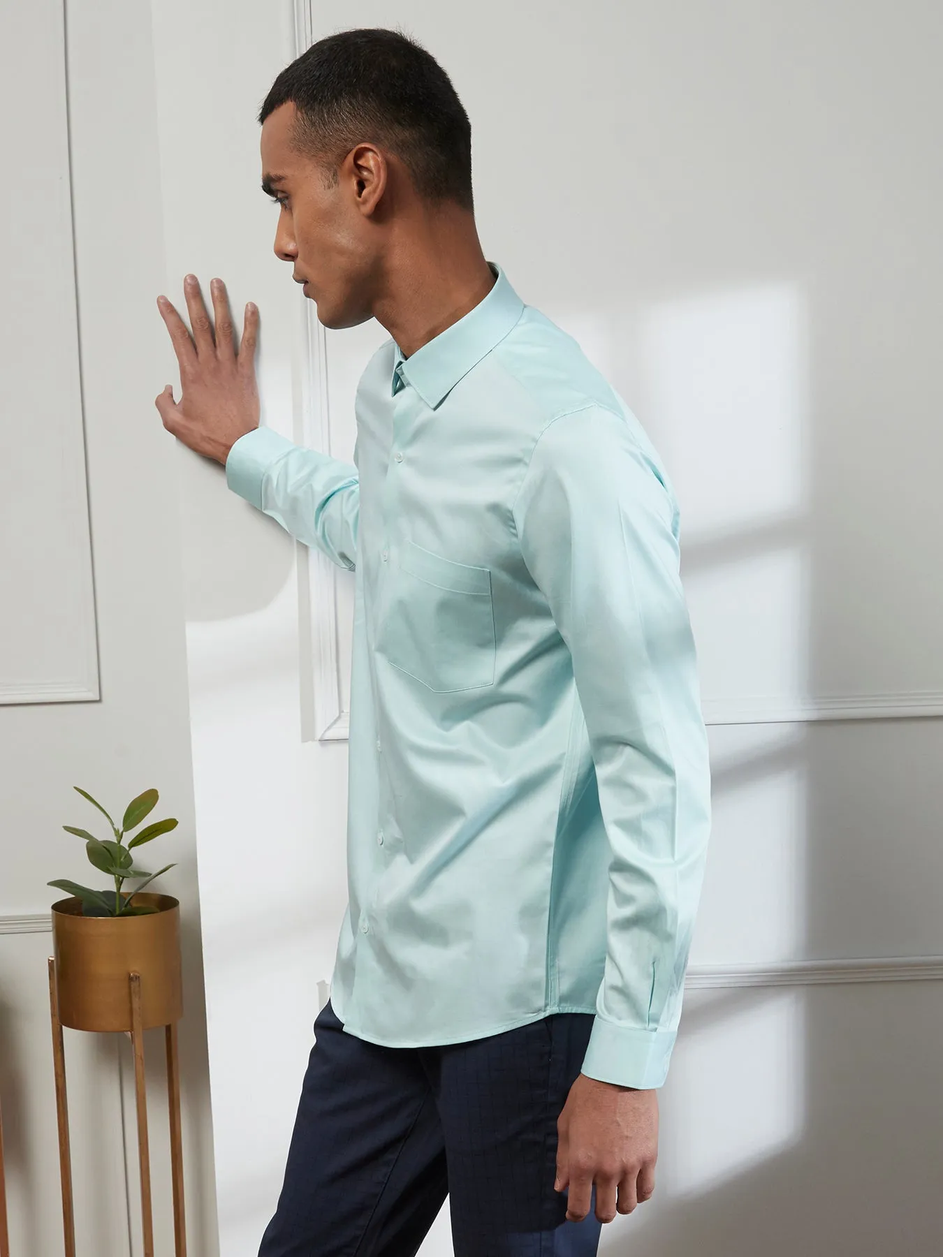 Cotton Sea Green Plain Slim Fit Full Sleeve Ceremonial Shirt