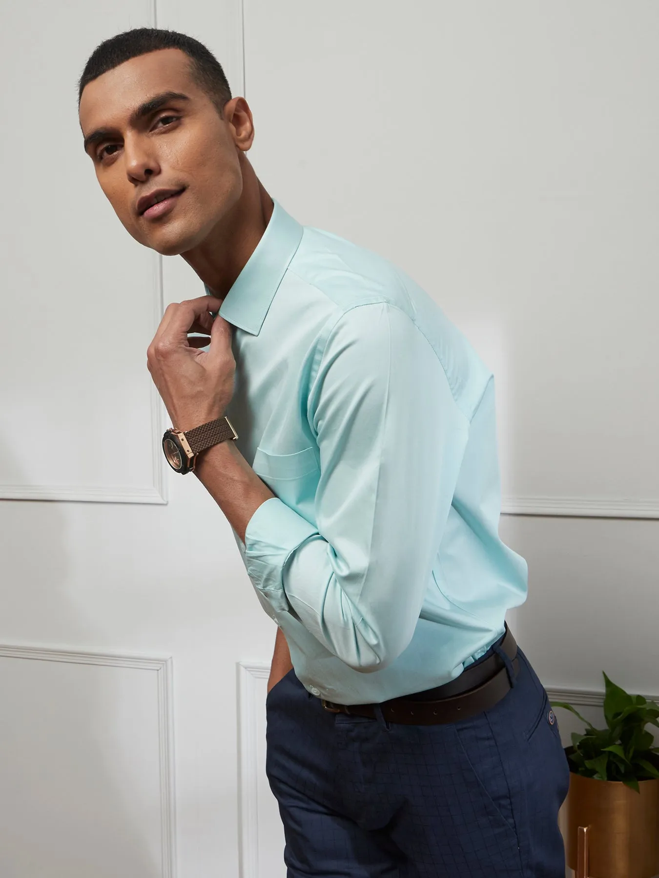 Cotton Sea Green Plain Slim Fit Full Sleeve Ceremonial Shirt