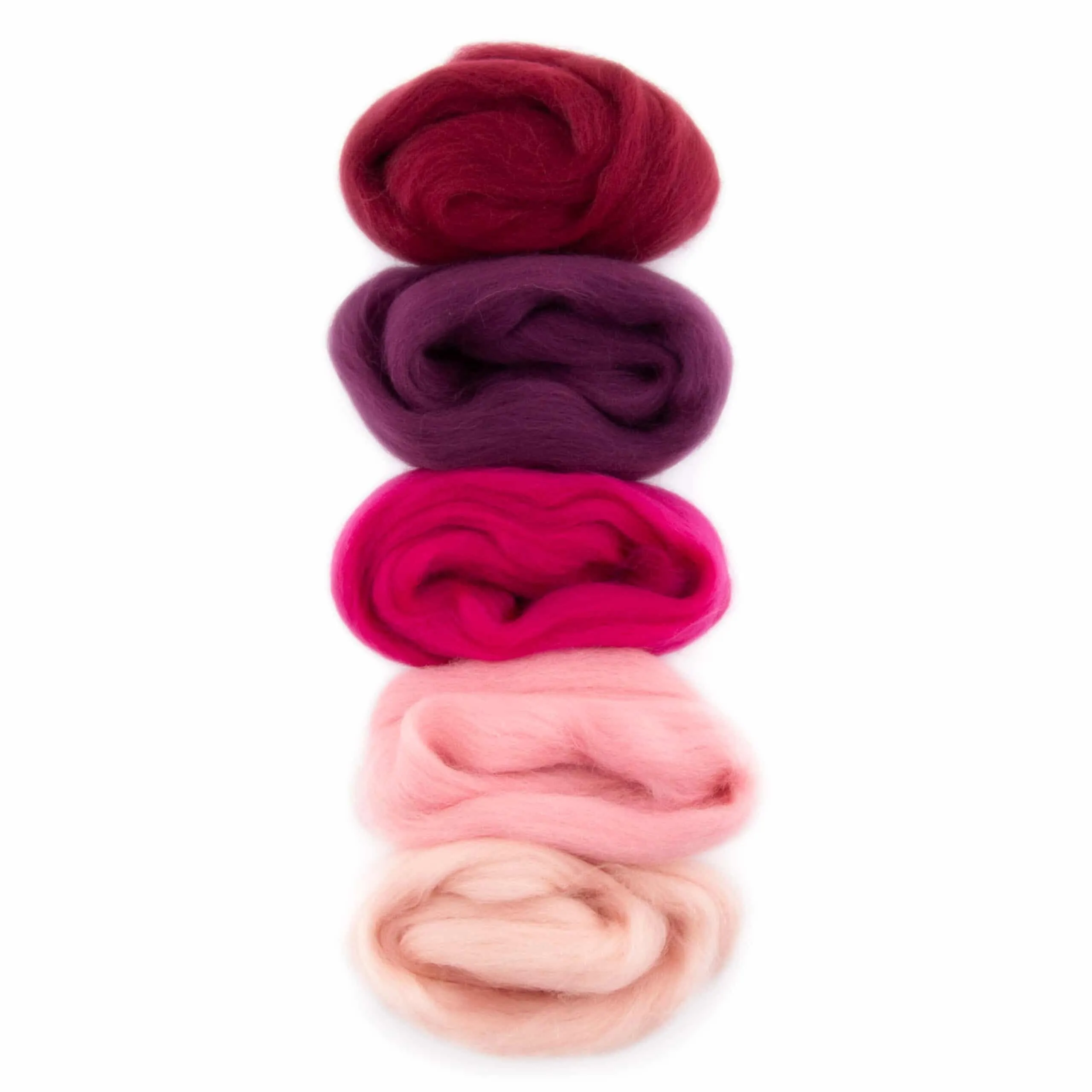 Dark Red and Pink Shades - Five Merino Wool Top Roving Colors - 50 grams (1.75 oz) Total
