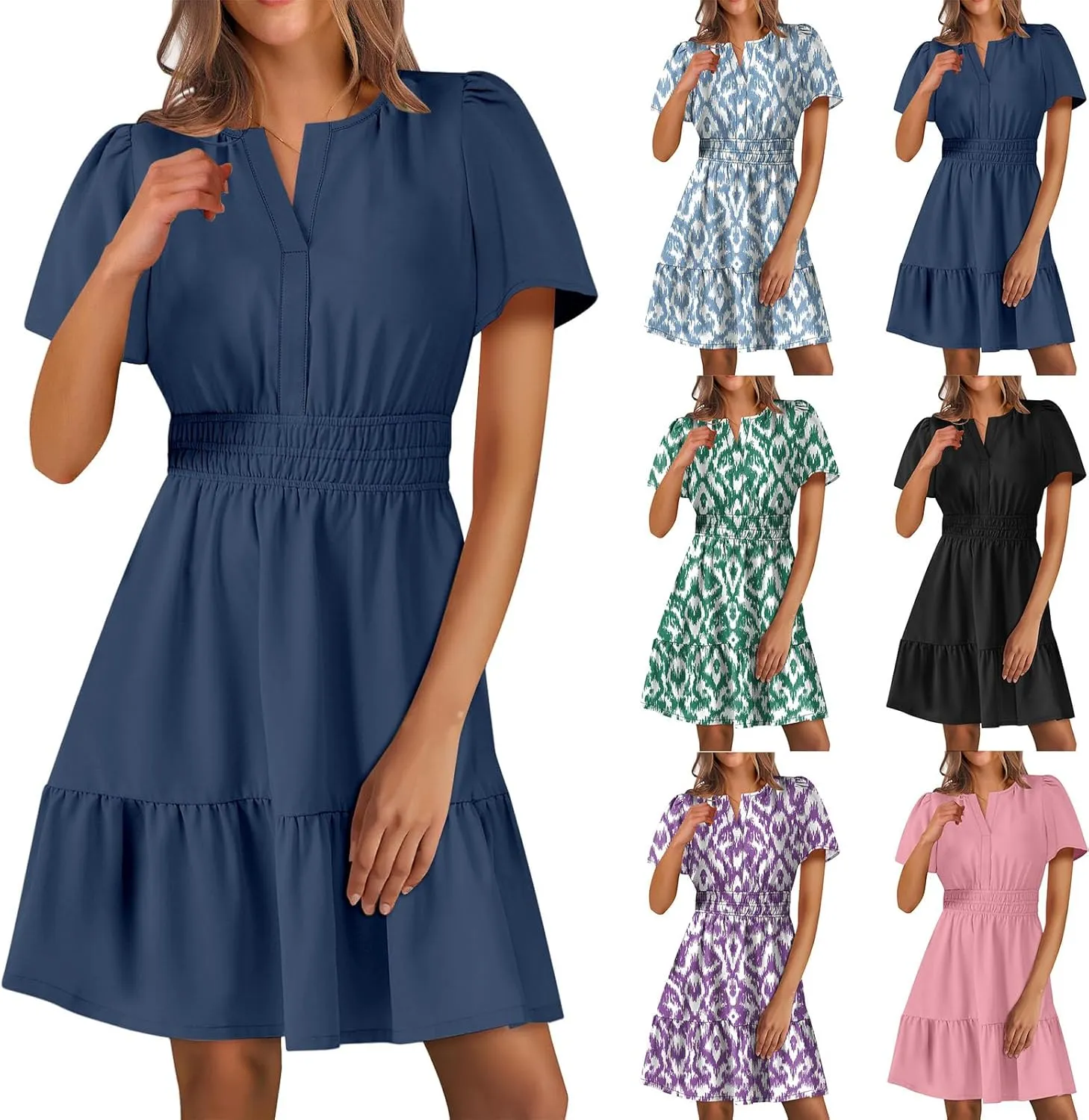 Dresses for Women Casual V Neck Short Sleeve Sundress Smocked Boho A-Line Tiered Vacation Beach Dress
