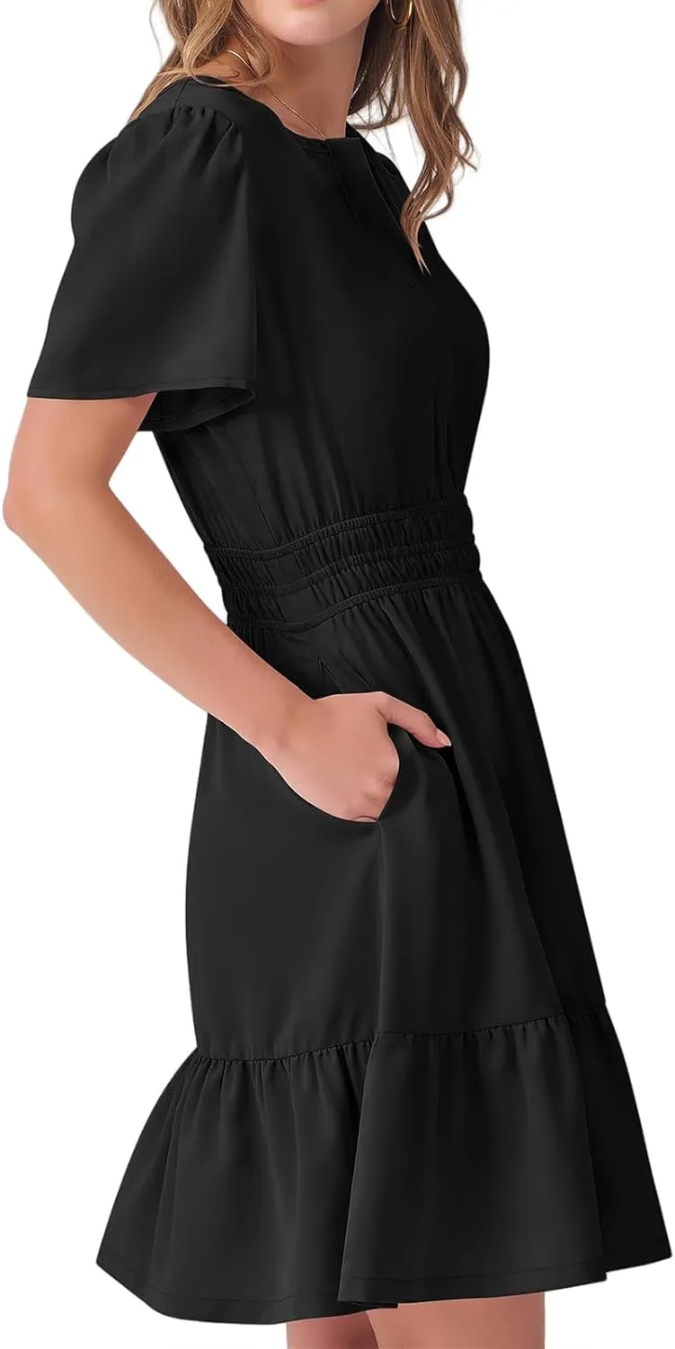 Dresses for Women Casual V Neck Short Sleeve Sundress Smocked Boho A-Line Tiered Vacation Beach Dress