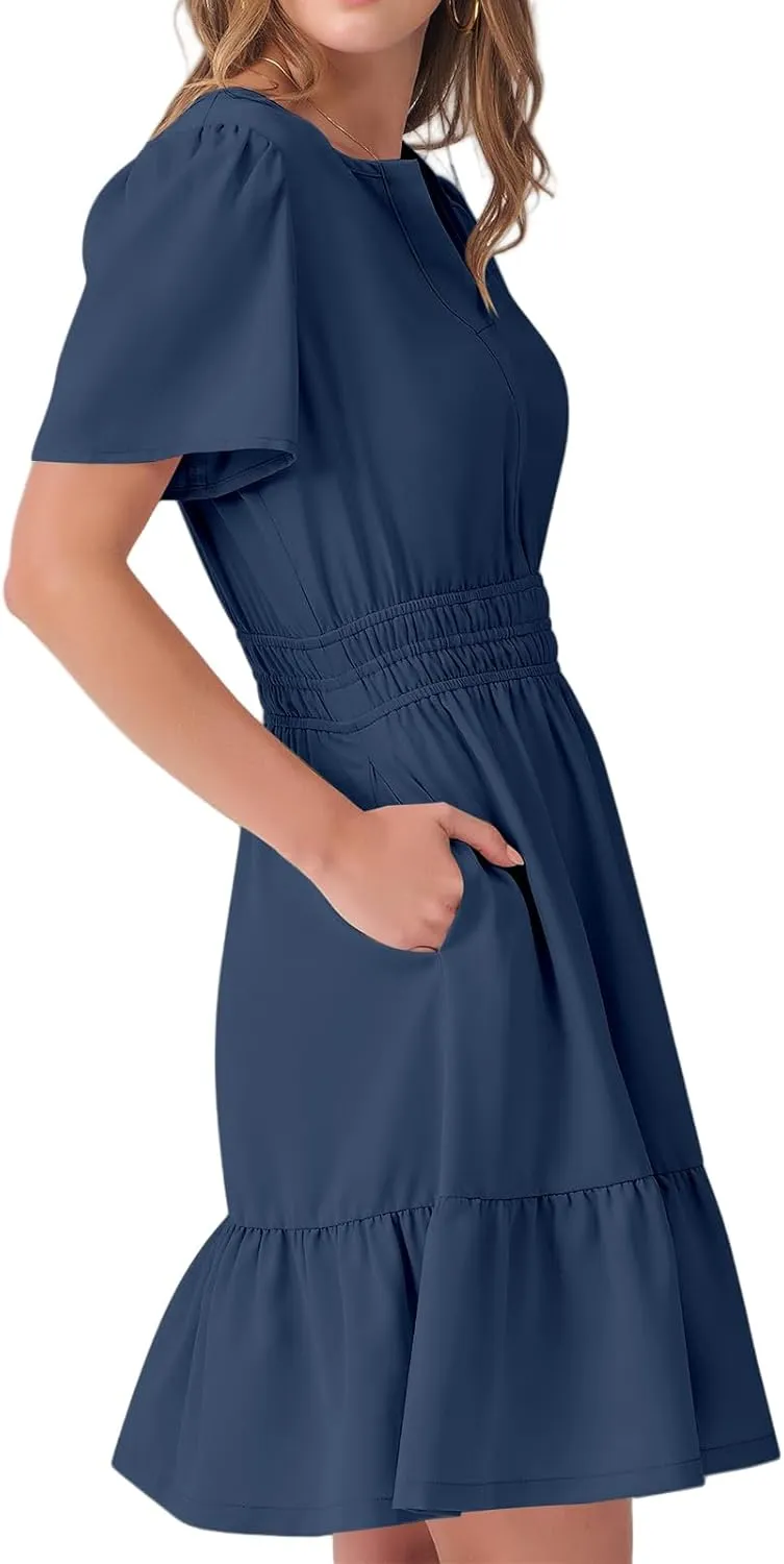 Dresses for Women Casual V Neck Short Sleeve Sundress Smocked Boho A-Line Tiered Vacation Beach Dress