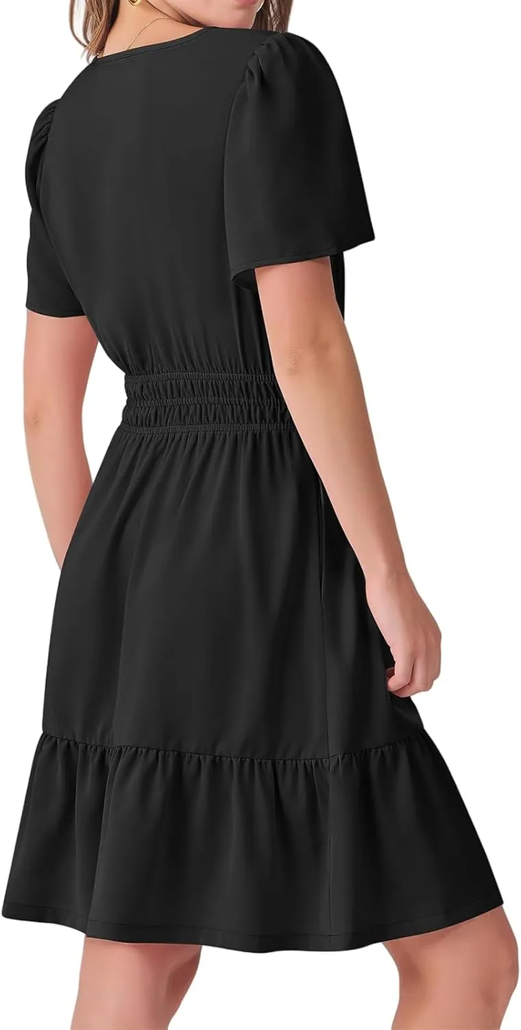 Dresses for Women Casual V Neck Short Sleeve Sundress Smocked Boho A-Line Tiered Vacation Beach Dress