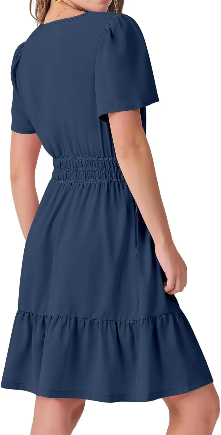 Dresses for Women Casual V Neck Short Sleeve Sundress Smocked Boho A-Line Tiered Vacation Beach Dress