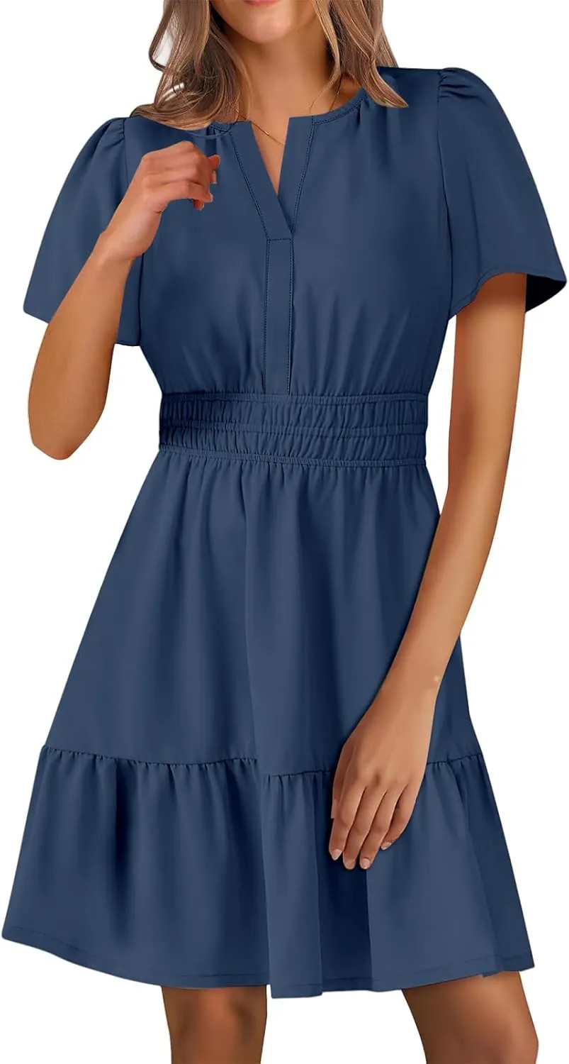 Dresses for Women Casual V Neck Short Sleeve Sundress Smocked Boho A-Line Tiered Vacation Beach Dress