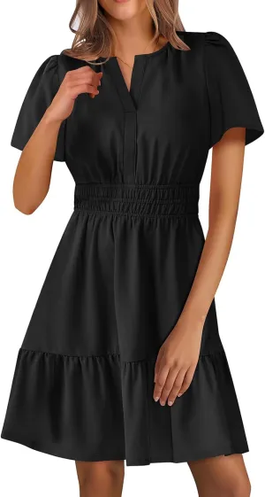 Dresses for Women Casual V Neck Short Sleeve Sundress Smocked Boho A-Line Tiered Vacation Beach Dress