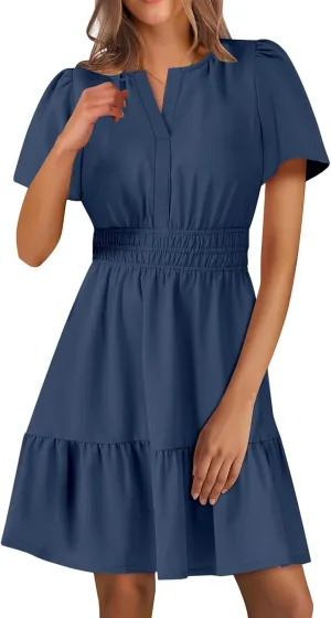 Dresses for Women Casual V Neck Short Sleeve Sundress Smocked Boho A-Line Tiered Vacation Beach Dress