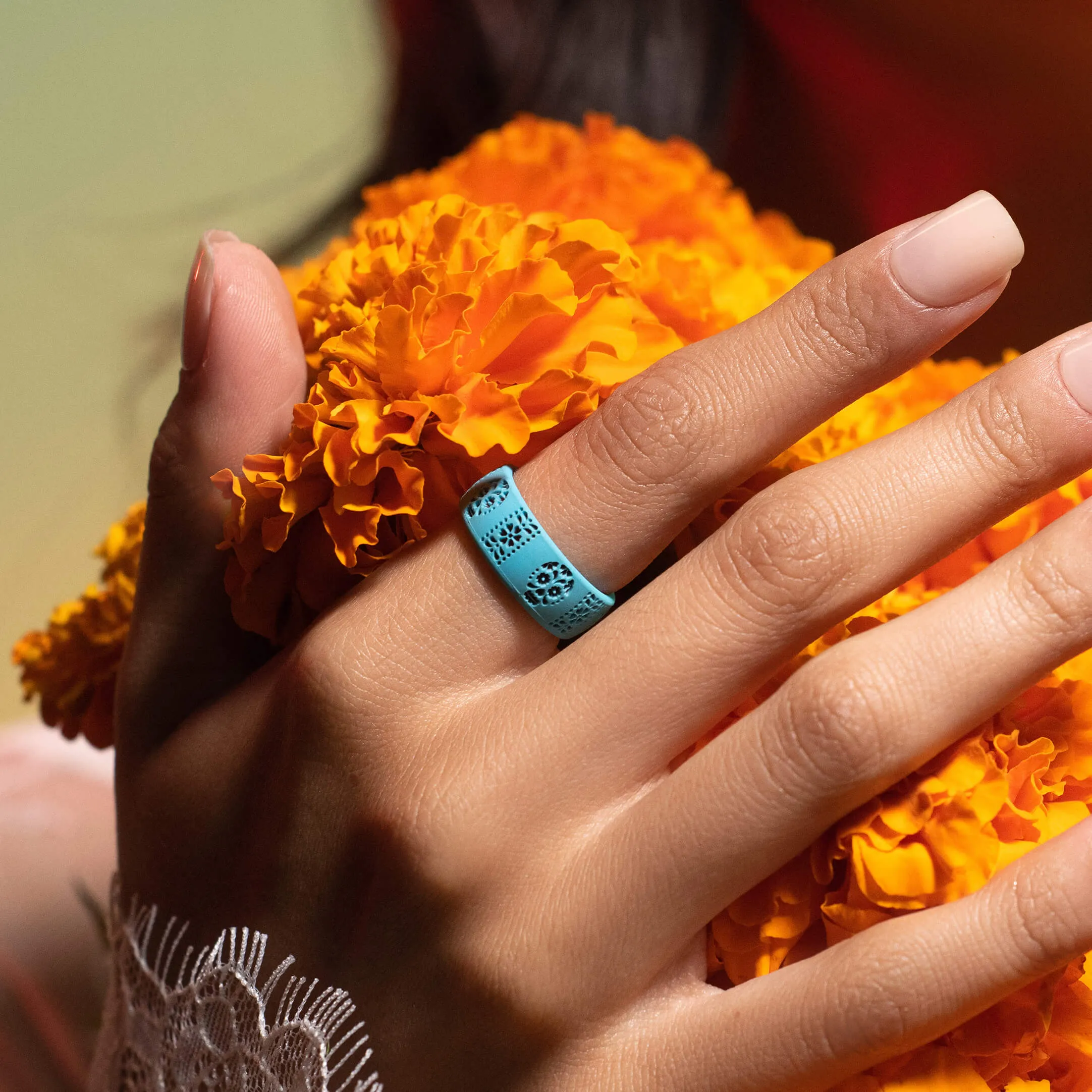 Etched Classic Silicone Ring - Azul Sugar Skull