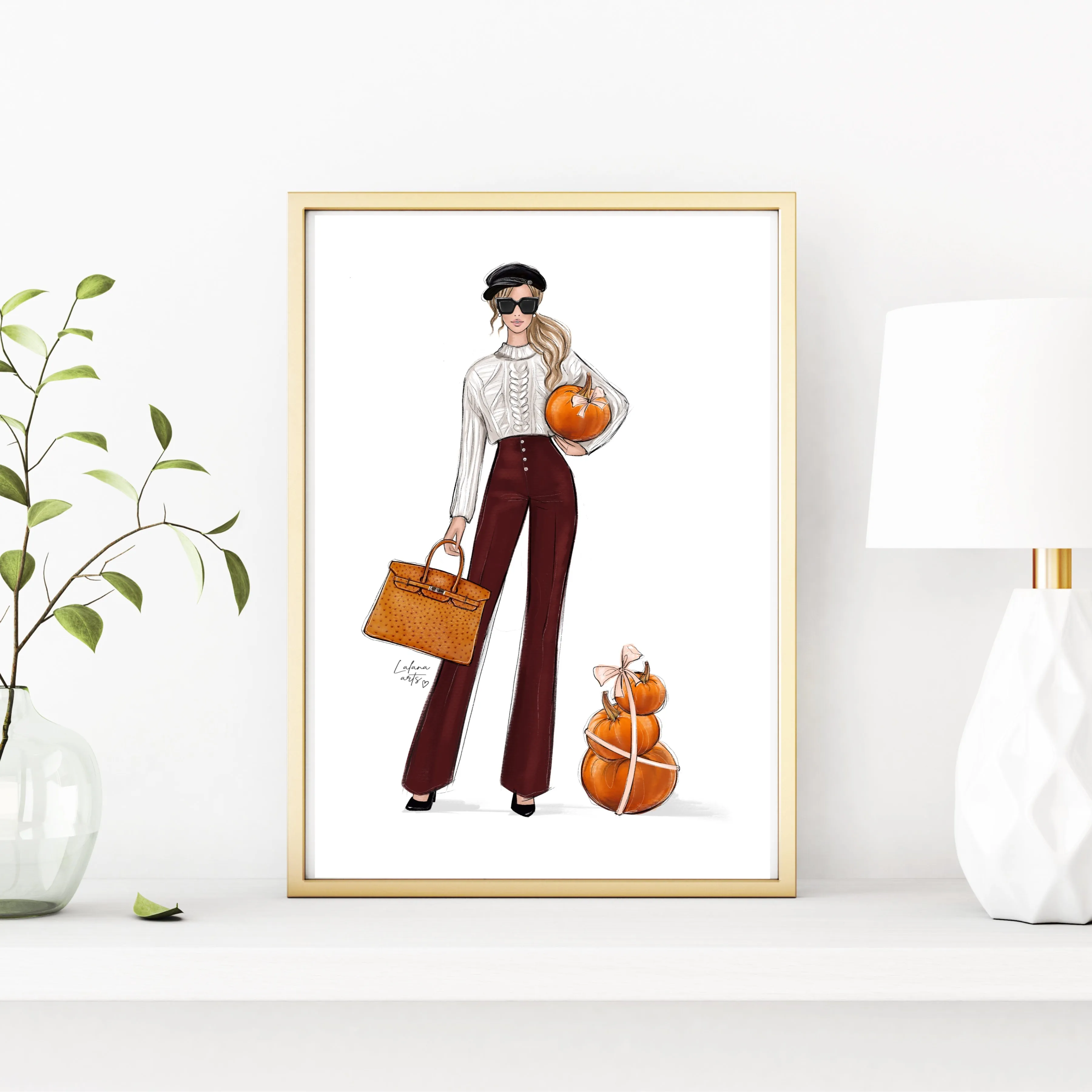Fashionista girl with pumpkins art print fashion illustration