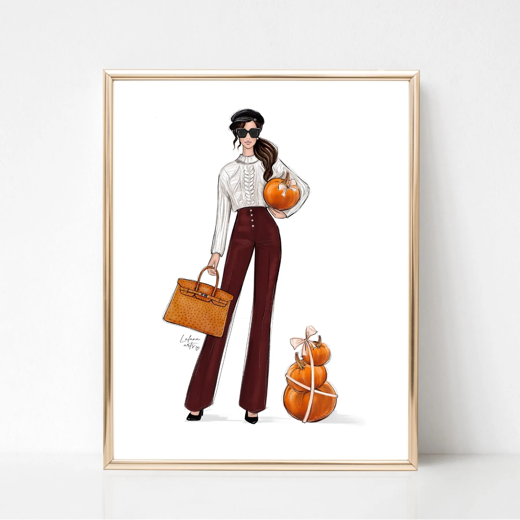 Fashionista girl with pumpkins art print fashion illustration