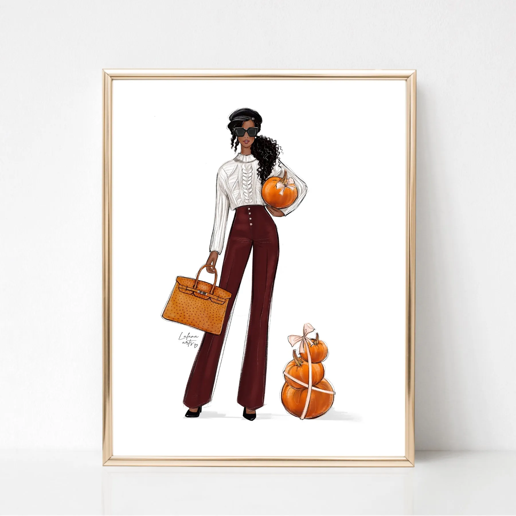 Fashionista girl with pumpkins art print fashion illustration