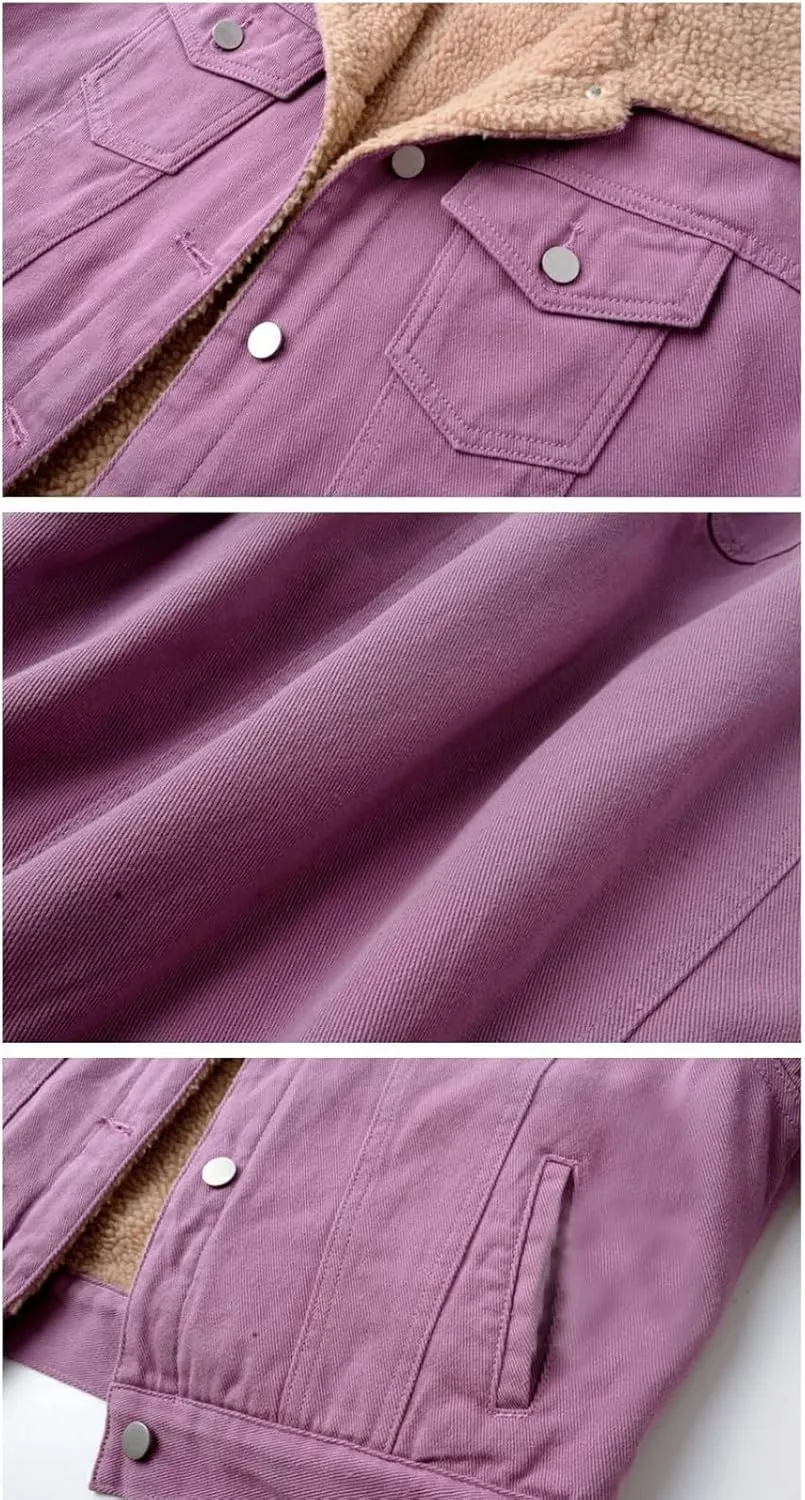 Fleece Denim Jackets for Women Winter Warm Sherpa Lined Jean Coat Tops Casual Long Sleeve Thicken Plush Jacket