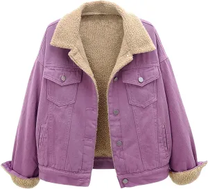 Fleece Denim Jackets for Women Winter Warm Sherpa Lined Jean Coat Tops Casual Long Sleeve Thicken Plush Jacket