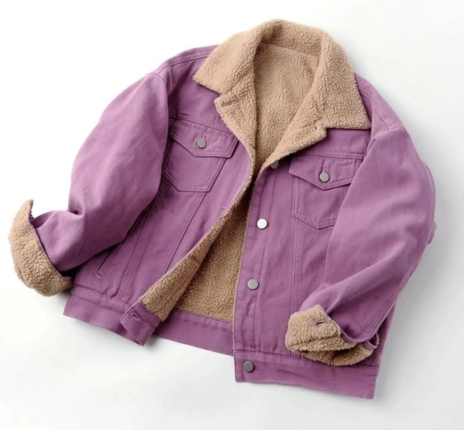 Fleece Denim Jackets for Women Winter Warm Sherpa Lined Jean Coat Tops Casual Long Sleeve Thicken Plush Jacket