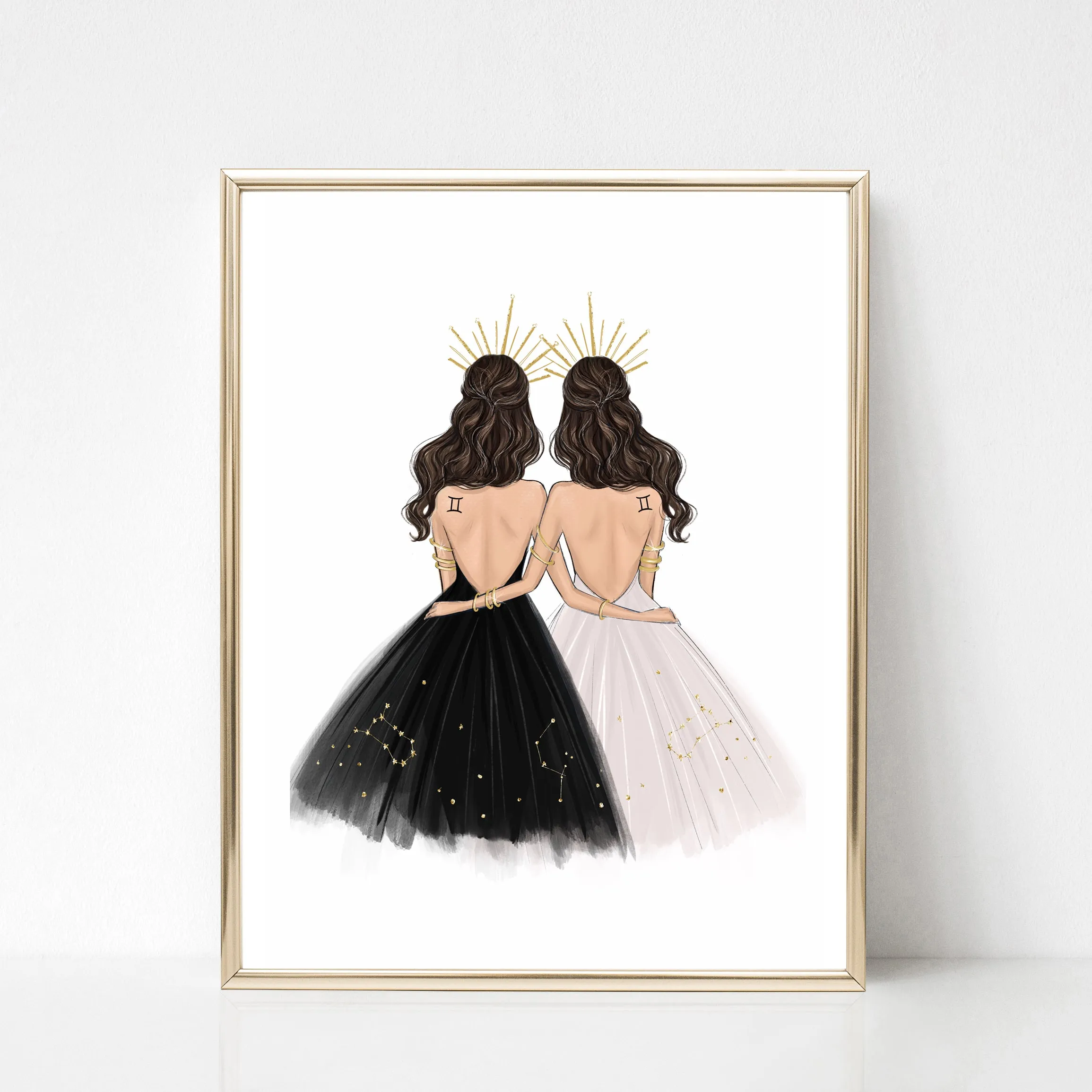 Gemini Sign Girls in black and white dresses Zodiac inspired fashion illustration art print