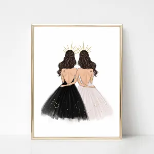 Gemini Sign Girls in black and white dresses Zodiac inspired fashion illustration art print