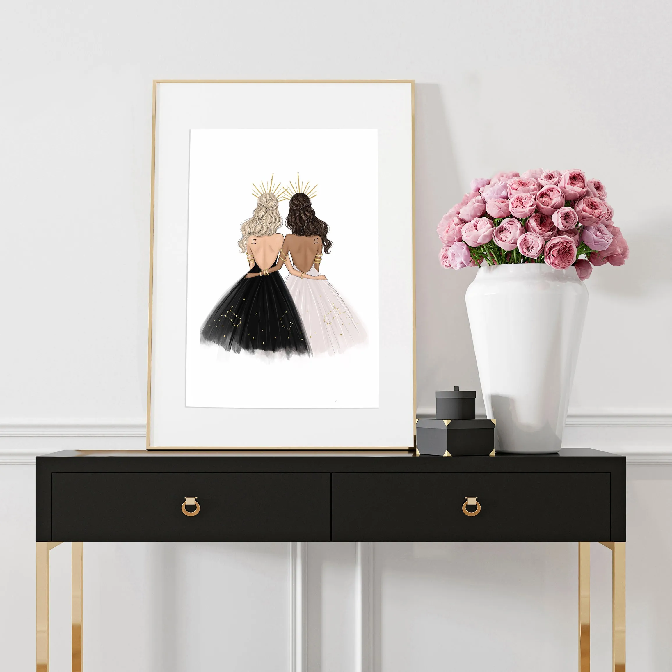 Gemini Sign Girls in black and white dresses Zodiac inspired fashion illustration art print