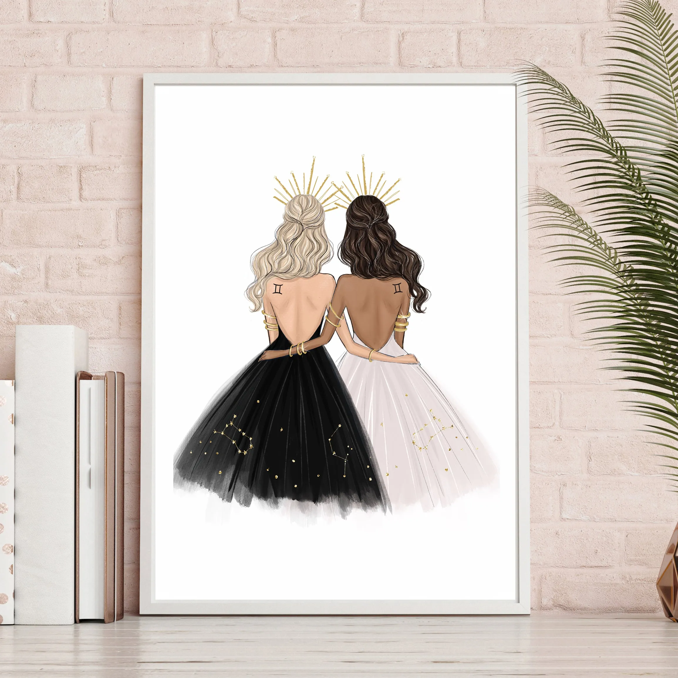 Gemini Sign Girls in black and white dresses Zodiac inspired fashion illustration art print