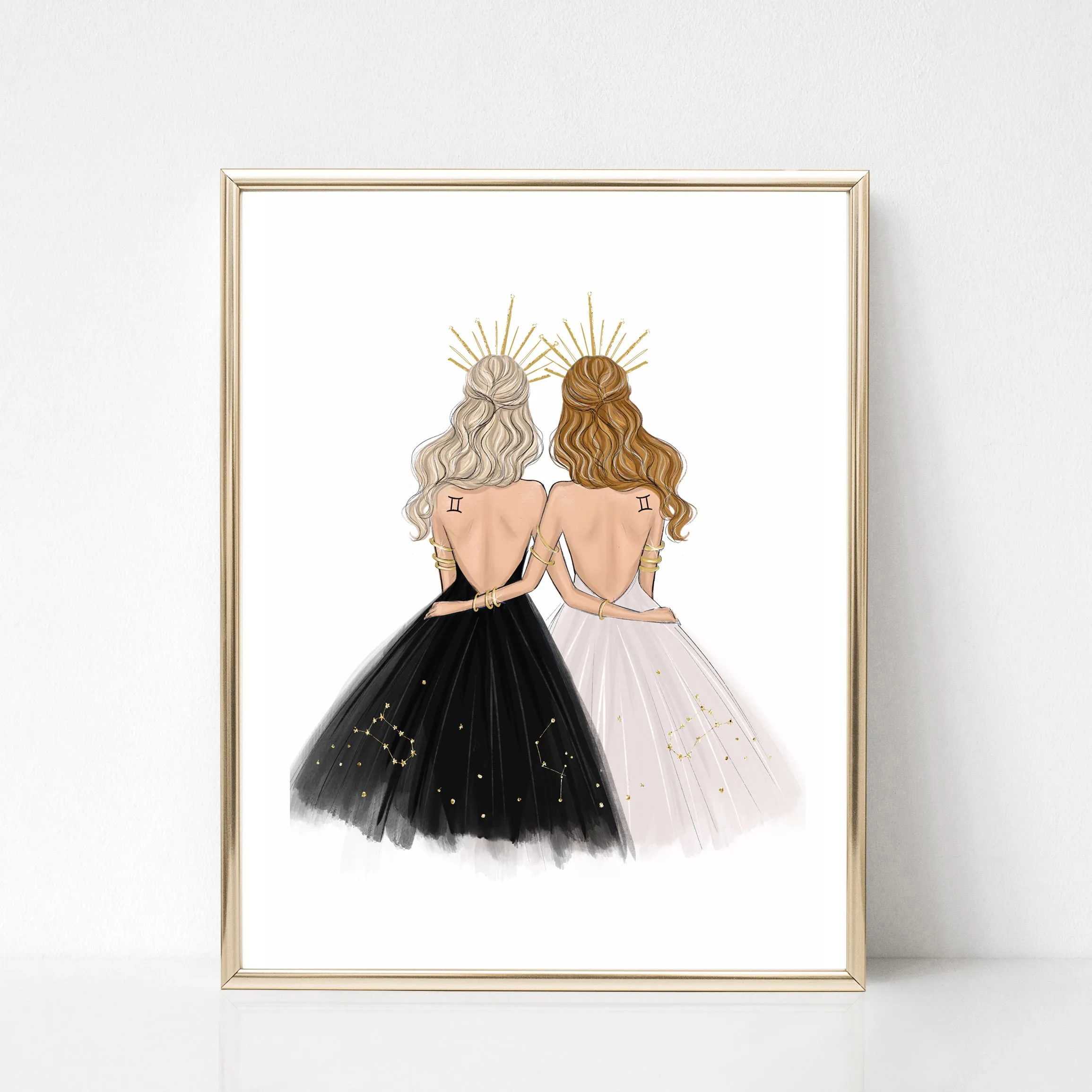 Gemini Sign Girls in black and white dresses Zodiac inspired fashion illustration art print