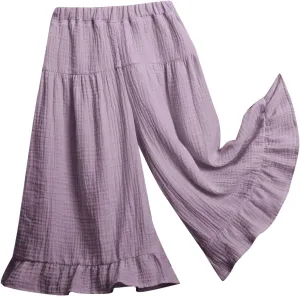 Girls Cotton Pleated Pants Wide Leg Flowy Culottes Pants Elastic Waist Trousers Comfy Casual Loose Jogger Clothes