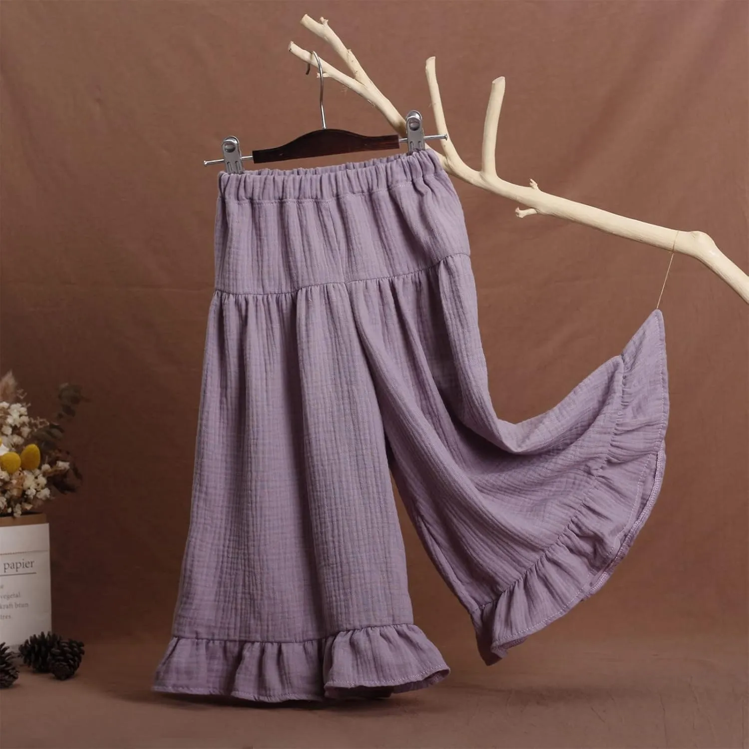 Girls Cotton Pleated Pants Wide Leg Flowy Culottes Pants Elastic Waist Trousers Comfy Casual Loose Jogger Clothes