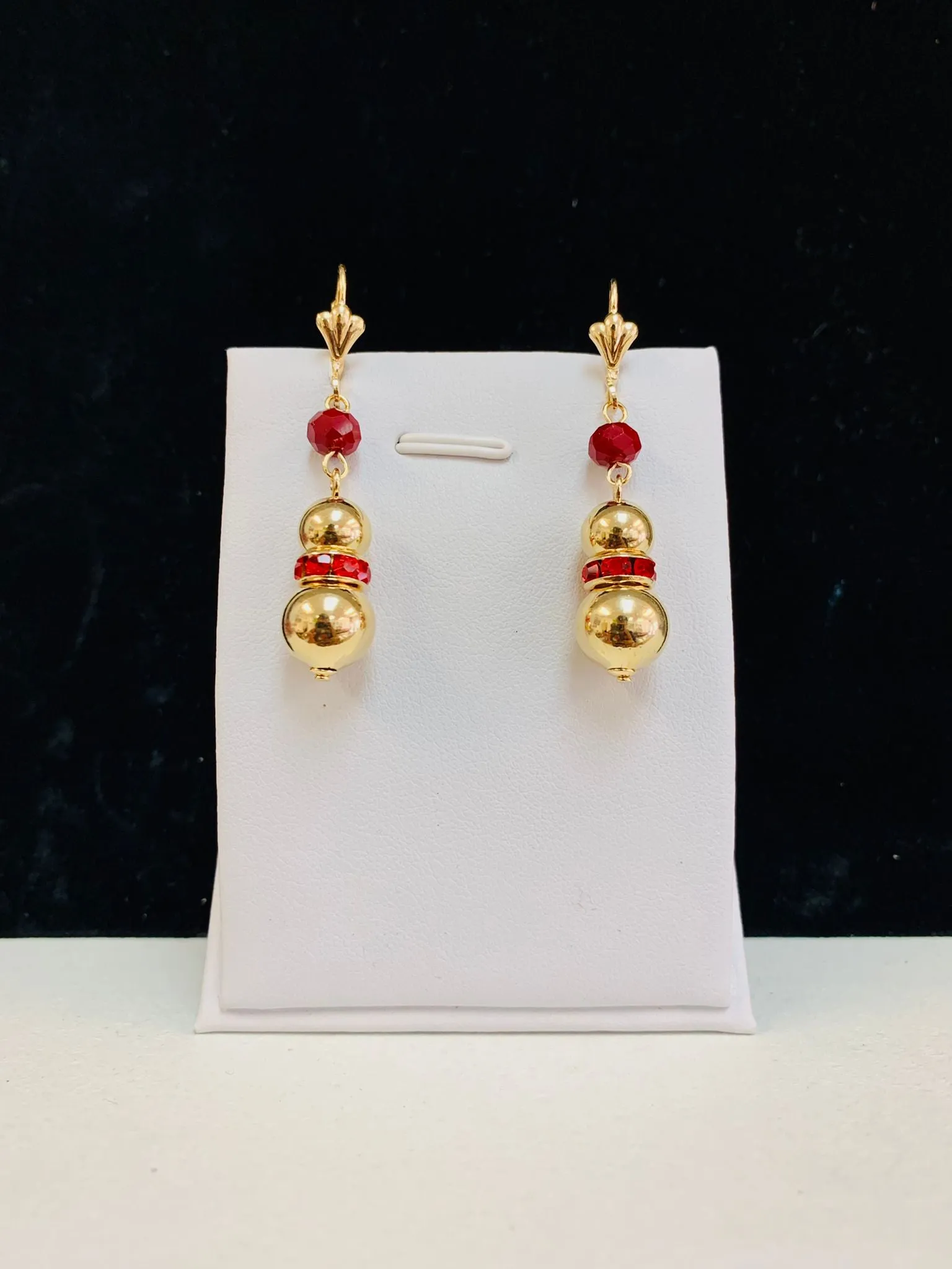 Gold Filled Dangle Ball Lever Back Earrings / Red Stones Earrings / Everyday Earrings for Womens / CZ Dangling Earrings / Aretes Colgantes de Oro Laminado