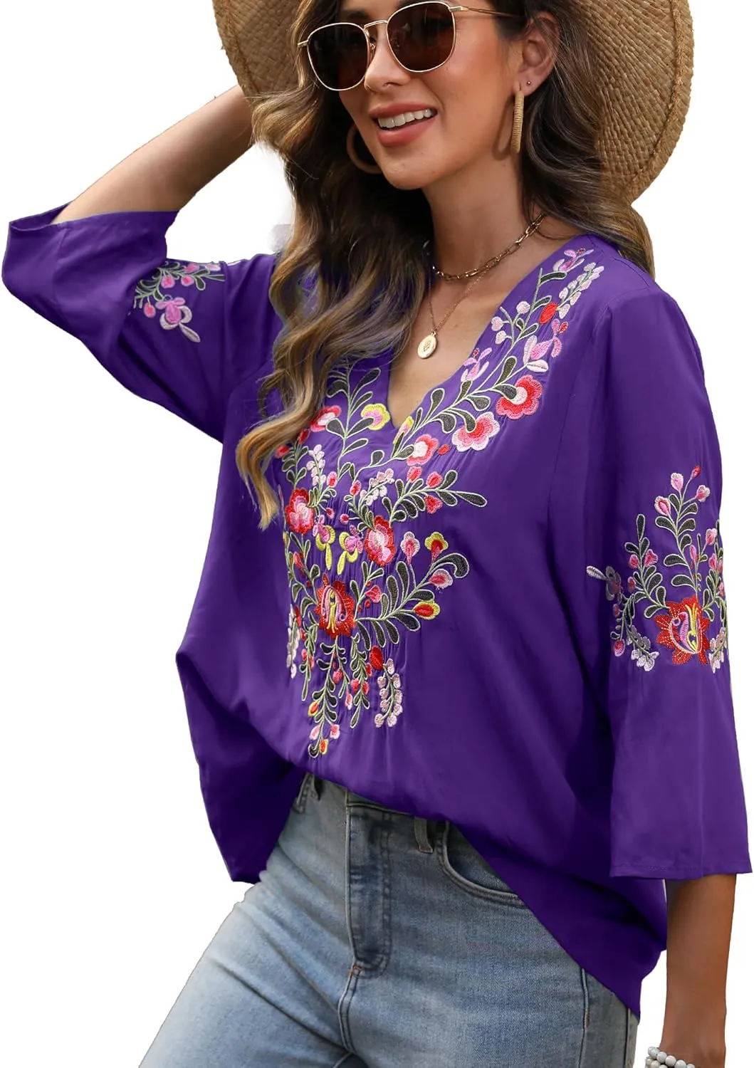 Higustar Women's Embroidered Tops Boho Floral Tunics Fiesta Shirts Peasant Hippie Clothes Traditional Bohemian Blouses