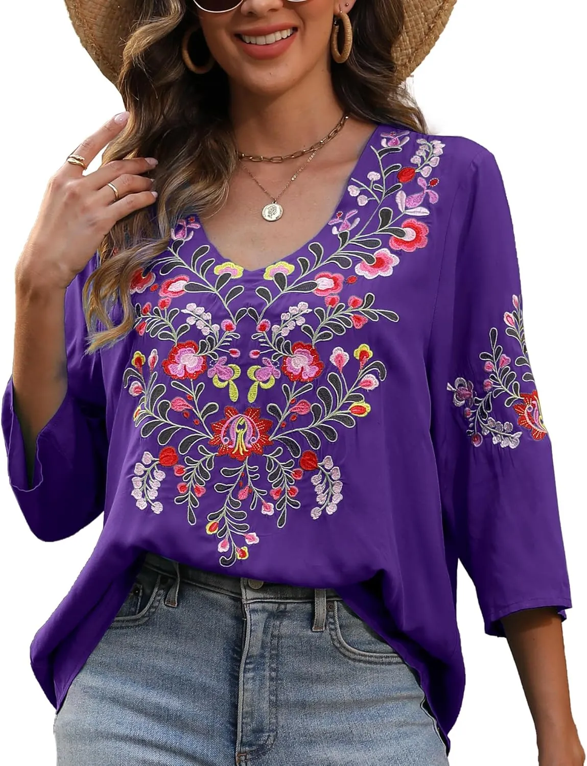 Higustar Women's Embroidered Tops Boho Floral Tunics Fiesta Shirts Peasant Hippie Clothes Traditional Bohemian Blouses