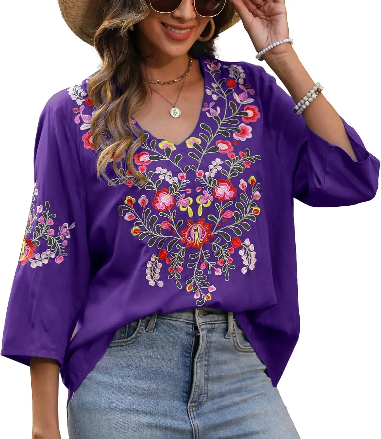 Higustar Women's Embroidered Tops Boho Floral Tunics Fiesta Shirts Peasant Hippie Clothes Traditional Bohemian Blouses