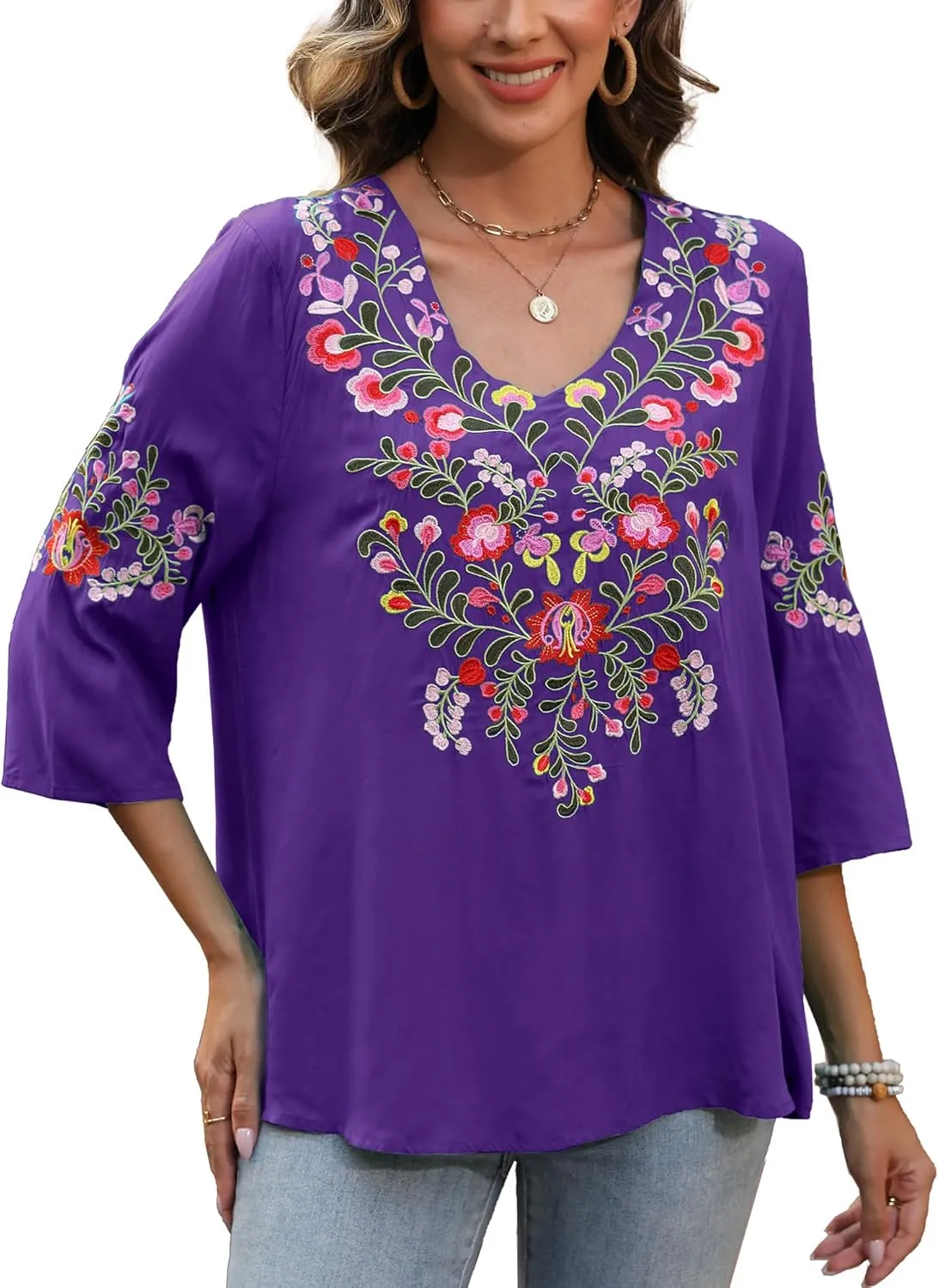 Higustar Women's Embroidered Tops Boho Floral Tunics Fiesta Shirts Peasant Hippie Clothes Traditional Bohemian Blouses