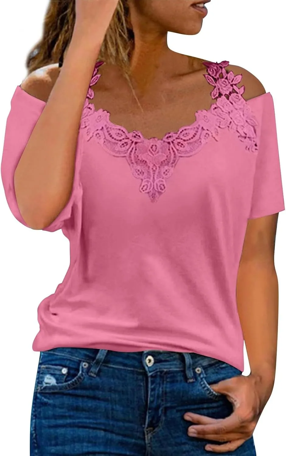 Lace Crochet Cold Shoulder Tops for Women 2025 Trendy Summer Short Sleeve Tunic Shirts Casual Loose Strappy Blouse