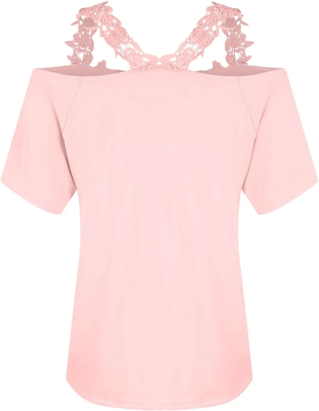 Lace Crochet Cold Shoulder Tops for Women 2025 Trendy Summer Short Sleeve Tunic Shirts Casual Loose Strappy Blouse