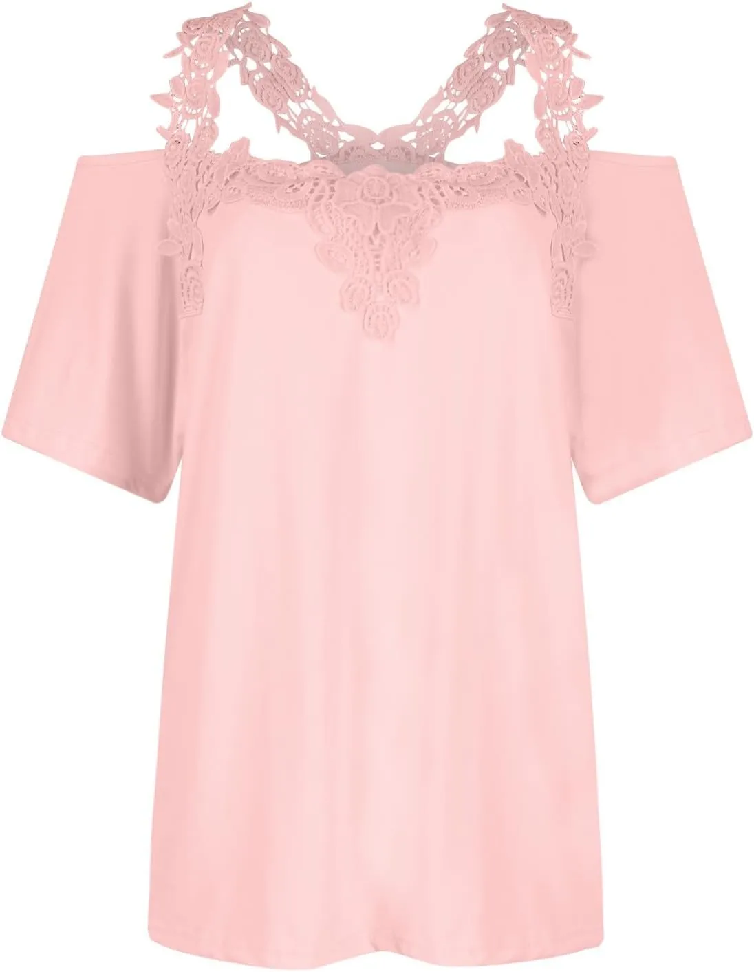 Lace Crochet Cold Shoulder Tops for Women 2025 Trendy Summer Short Sleeve Tunic Shirts Casual Loose Strappy Blouse