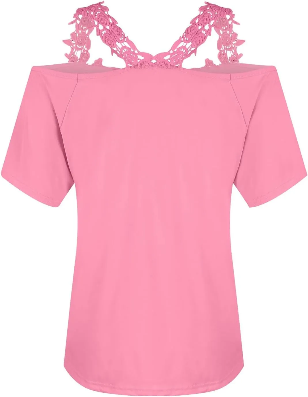 Lace Crochet Cold Shoulder Tops for Women 2025 Trendy Summer Short Sleeve Tunic Shirts Casual Loose Strappy Blouse