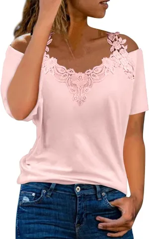 Lace Crochet Cold Shoulder Tops for Women 2025 Trendy Summer Short Sleeve Tunic Shirts Casual Loose Strappy Blouse