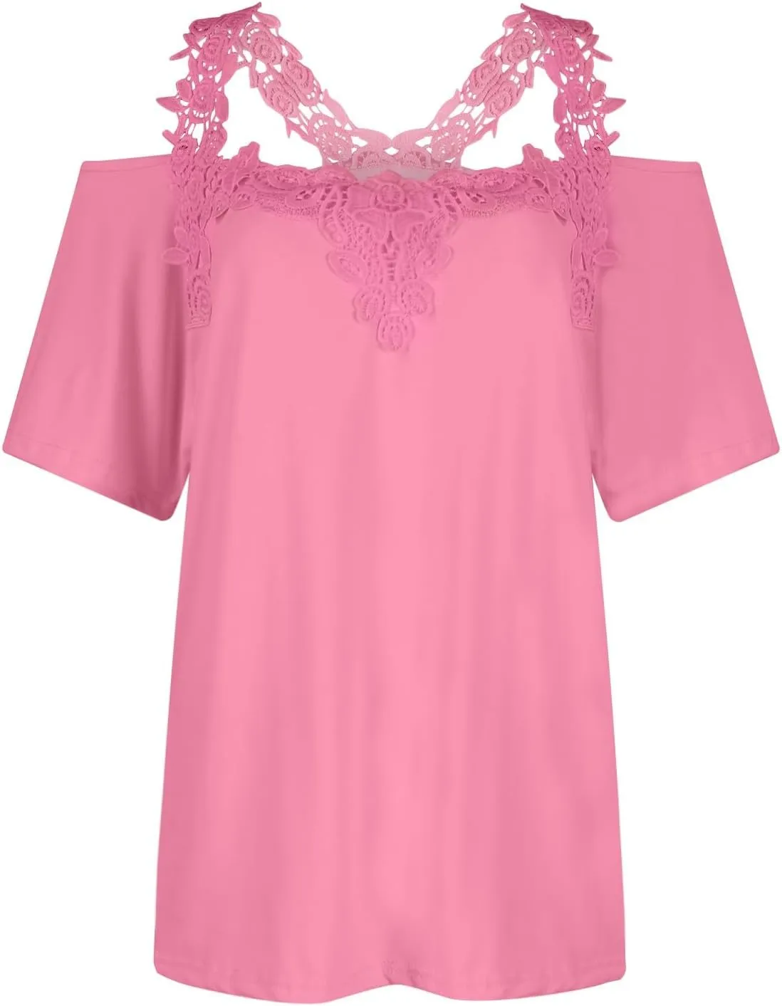 Lace Crochet Cold Shoulder Tops for Women 2025 Trendy Summer Short Sleeve Tunic Shirts Casual Loose Strappy Blouse
