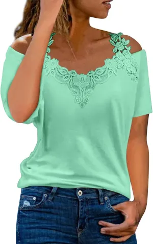 Lace Crochet Cold Shoulder Tops for Women 2025 Trendy Summer Short Sleeve Tunic Shirts Casual Loose Strappy Blouse