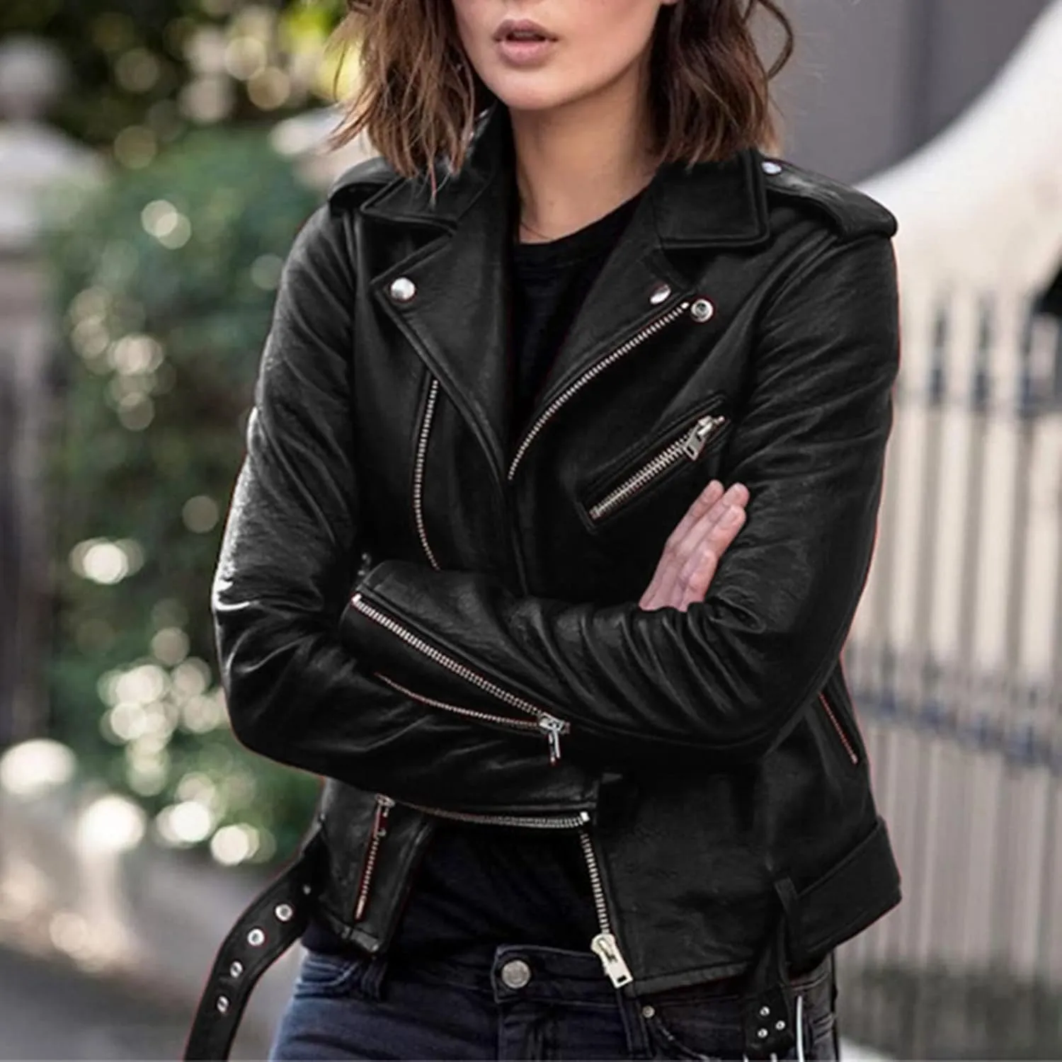 LCMTWX Womens Black Leather Jacket Tops Suit Collar Belt Stand Zip Motorcycle Coat Women's Coat Women'S Jackets Jacket