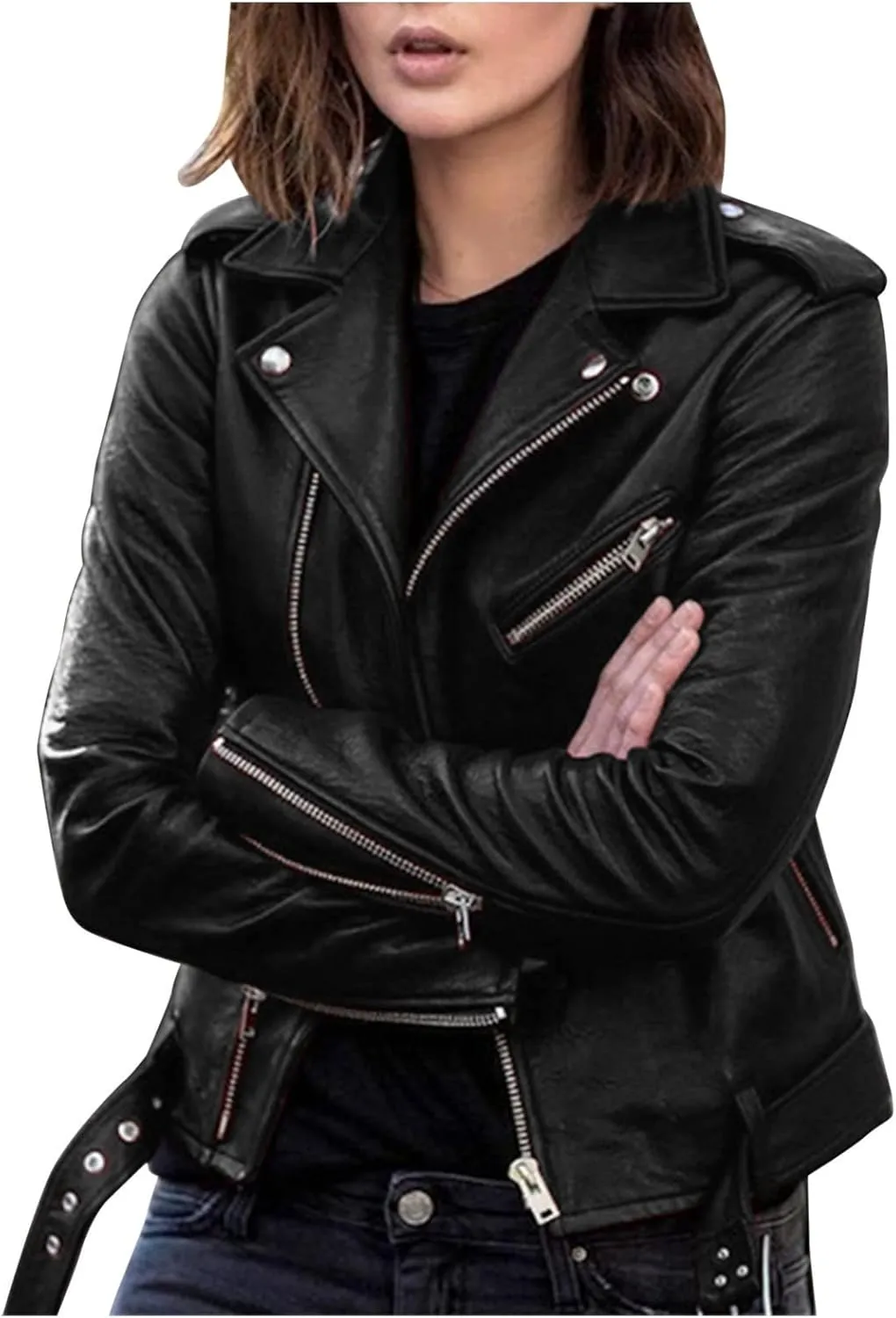 LCMTWX Womens Black Leather Jacket Tops Suit Collar Belt Stand Zip Motorcycle Coat Women's Coat Women'S Jackets Jacket